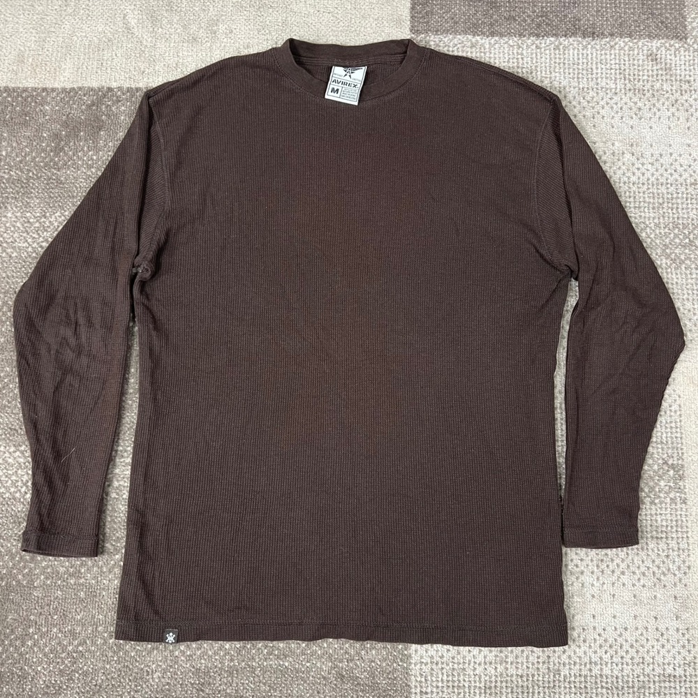 Y2K Avirex Mens‎ Brown Waffle Knit Thermal Long Sleeve Shirt Size M Blank